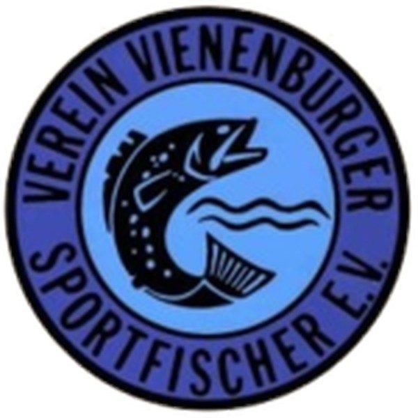 Logo des Vereins Vienenburger Sportfischer e.V. mit einem Fisch und Wellen.