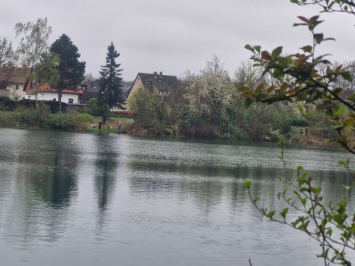 Ruhiger See mit umgebender Vegetation und Häusern am Ufer.