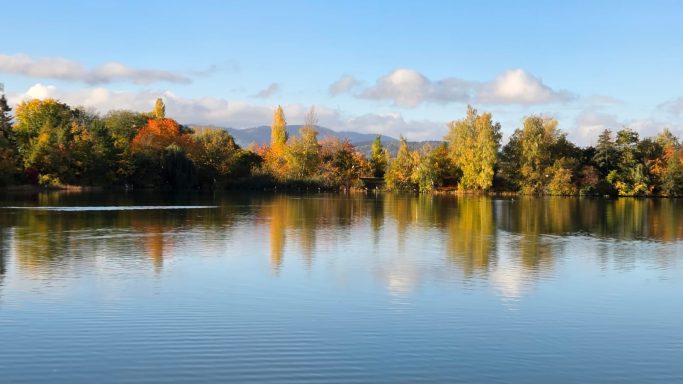Ruhiger See mit bunten Herbstbäumen im Hintergrund und klaren blauen Himmel.