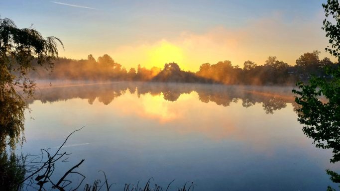 Morgendämmerung über einem ruhigen See mit Nebel und sanften Sonnenschein.